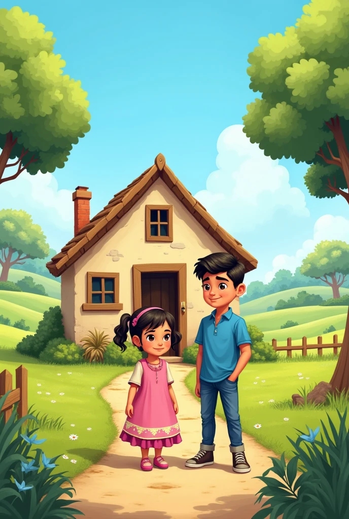 "In a small village, there lived a ten-year-old boy named Arqam and his five-year-old sister, Mishal."
Prompt: An illustration of a small, peaceful village with a boy named Arqam and his sister Mishal standing outside their simple, cozy house. Arqam is wearing a blue shirt and jeans, and Mishal is in a pink dress with pigtails. The village has green fields, trees, and a clear blue sky.