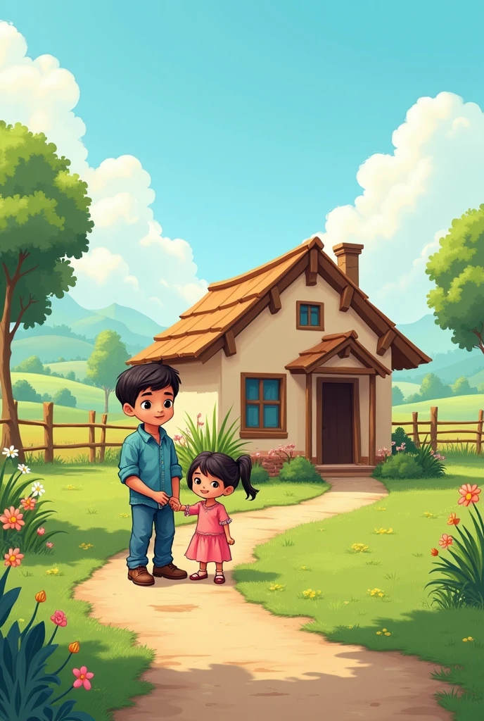 "In a small village, there lived a ten-year-old boy named Arqam and his five-year-old sister, Mishal."

Prompt: An illustration of a small, peaceful village with a  boy named Arqam and his  sister Mishal standing outside their simple, cozy house. Arqam is wearing a blue shirt and jeans, and Mishal is in a pink dress with pigtails. The village has green fields, trees, and a clear blue sky.