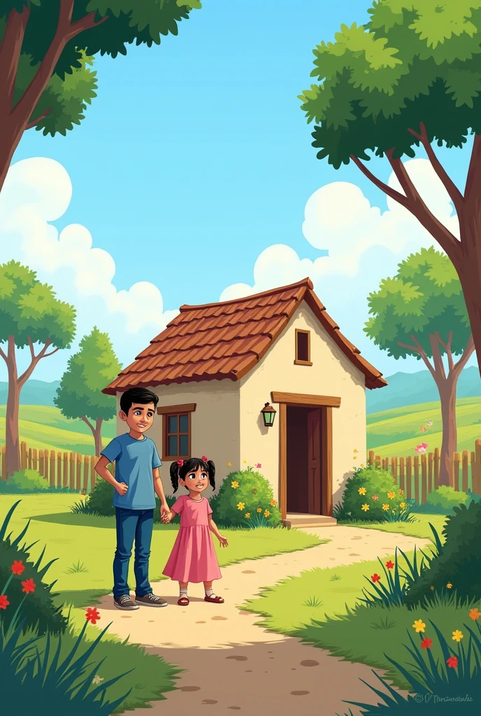 "In a small village, there lived a ten-year-old boy named Arqam and his five-year-old sister, Mishal."
Prompt: An illustration of a small, peaceful village with a boy named Arqam and his sister Mishal standing outside their simple, cozy house. Arqam is wearing a blue shirt and jeans, and Mishal is in a pink dress with pigtails. The village has green fields, trees, and a clear blue sky.