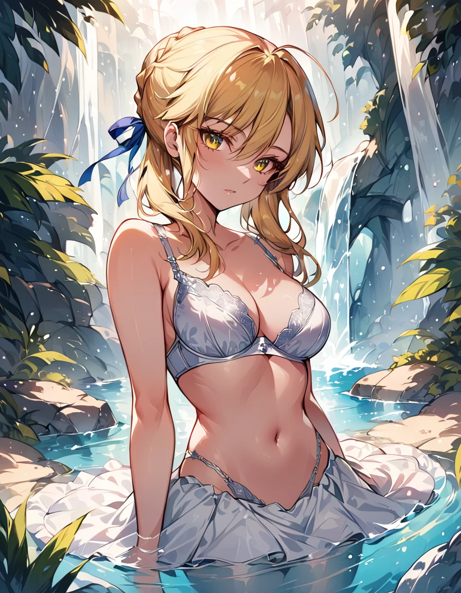 score_9, score_8_up, score_7_up, score_6_up, rating_safe, source_anime, BREAK Stylistic image of Artoria Pendragon (blonde, braid, ribbon, hair ribbon:1.2), BREAK submerged, white lace bra:1.3), BREAK bathing under waterfall, navel, Extremely detailed Artgerm, Artgerm on ArtStation Pixiv, BREAK Epic light novel art cover, gorgeous female paladin, trending on artstation pixiv, BREAK sunny, daytime, shallow depth of field, BREAK highly detailed, bokeh, moody, epic, gorgeous, grainy, BREAK (ultra-detailed), (best illustration), (best shadow), (absurdres), (detailed background), (very aesthetic), cowboy shot.