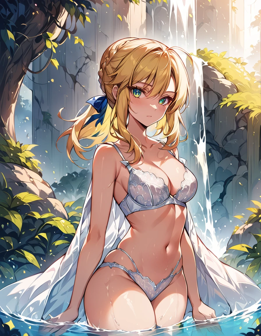 score_9, score_8_up, score_7_up, score_6_up, rating_safe, source_anime, BREAK Stylistic image of Artoria Pendragon (blonde, braid, ribbon, hair ribbon:1.2), BREAK submerged, white lace bra:1.3), BREAK bathing under waterfall, navel, Extremely detailed Artgerm, Artgerm on ArtStation Pixiv, BREAK Epic light novel art cover, gorgeous female paladin, trending on artstation pixiv, BREAK sunny, daytime, shallow depth of field, BREAK highly detailed, bokeh, moody, epic, gorgeous, grainy, BREAK (ultra-detailed), (best illustration), (best shadow), (absurdres), (detailed background), (very aesthetic), cowboy shot.