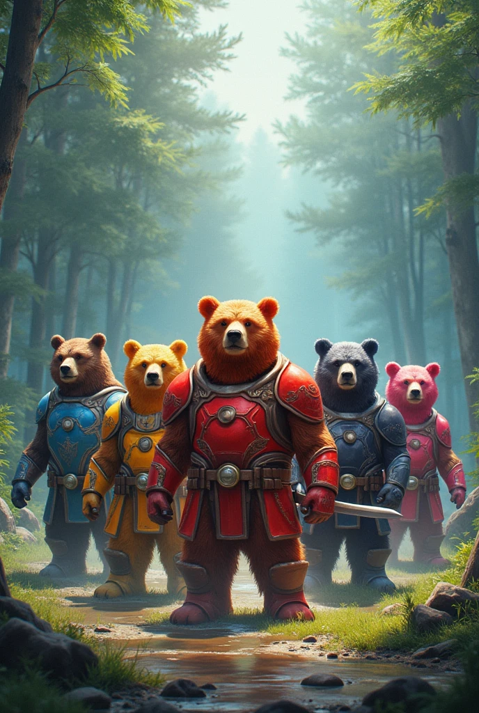 masterpiece , 8k , realphoto , "The 'Bears Five' consists of five grizzly bears. The Bears Five are heroes who protect the natural world from evil. Red Bear is the leader and ((wields the power of fire)), incinerating enemies. Blue Bear has ((the power of ice, freezing everything in its path)). Yellow Bear, with its massive frame, ((boasts an attack power that is unmatched by any force)). Black Bear is a master swordsman, ((capable of slicing through anything)). Pink Bear, ((the charm expert, mesmerizes any foe.)) ,break , With the call to 'transform,' they don their armored suits and face off against powerful enemies."
