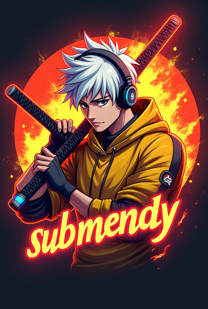 A anime and gaming mix logo male white hair wearing headphones holding a katana with red aura effect wearing a yellow esports shirt on the shirt there is the word "sub mendy" with flaming burning