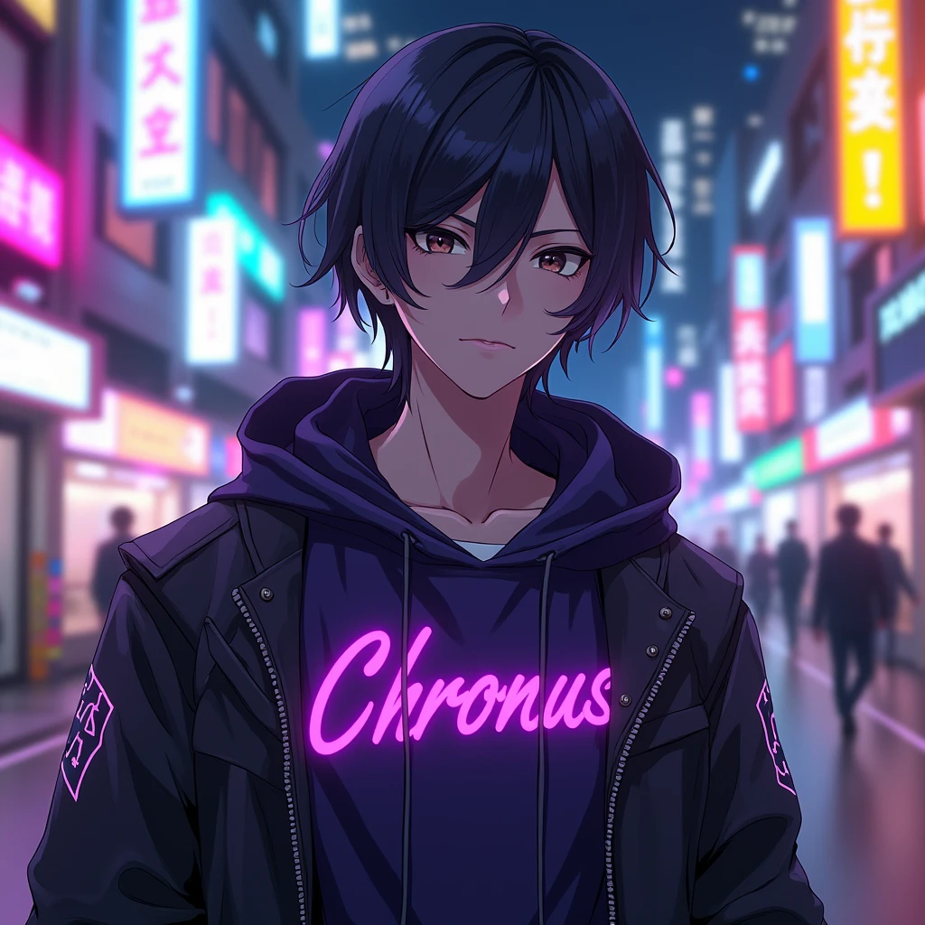 anime man is wearing aesthetic outfit with a purple text "chronus" on his clothes, in citylights background