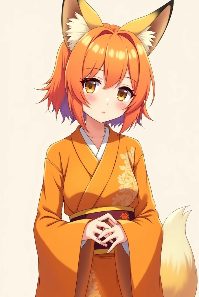 anime girl have a fox ear wearing an orange outfit no background