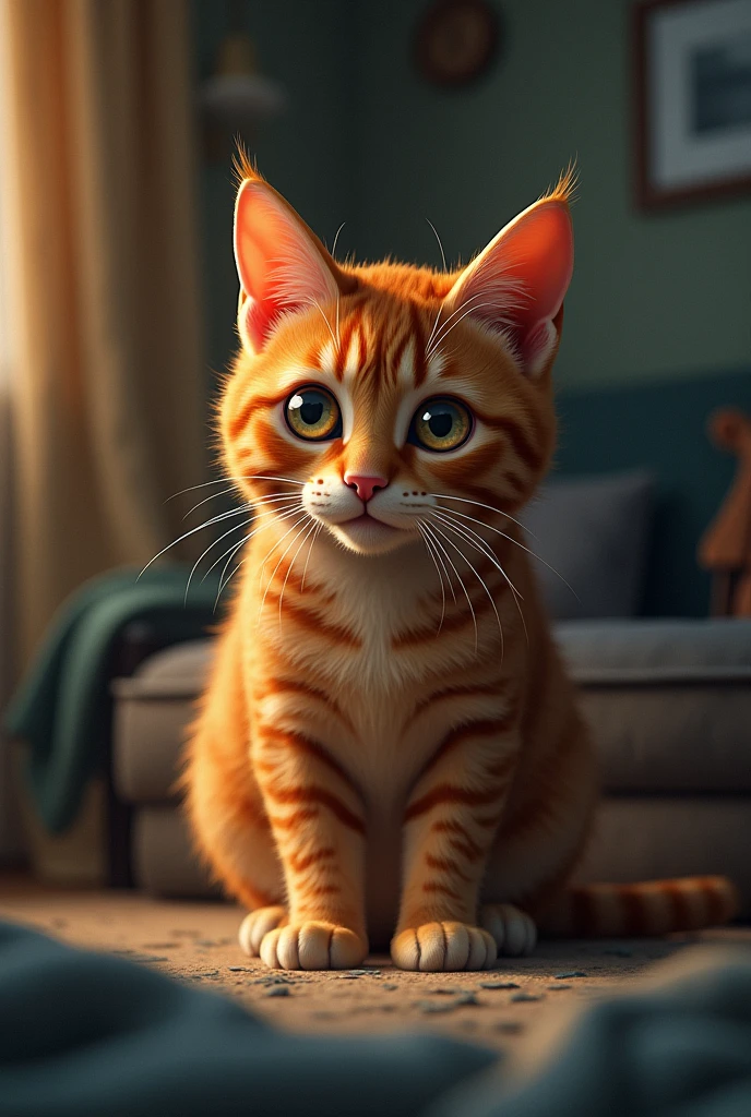 1 cat,red tabby,sharp eyes staring at the wall, Völengel-Schterden phenomenon,living room,