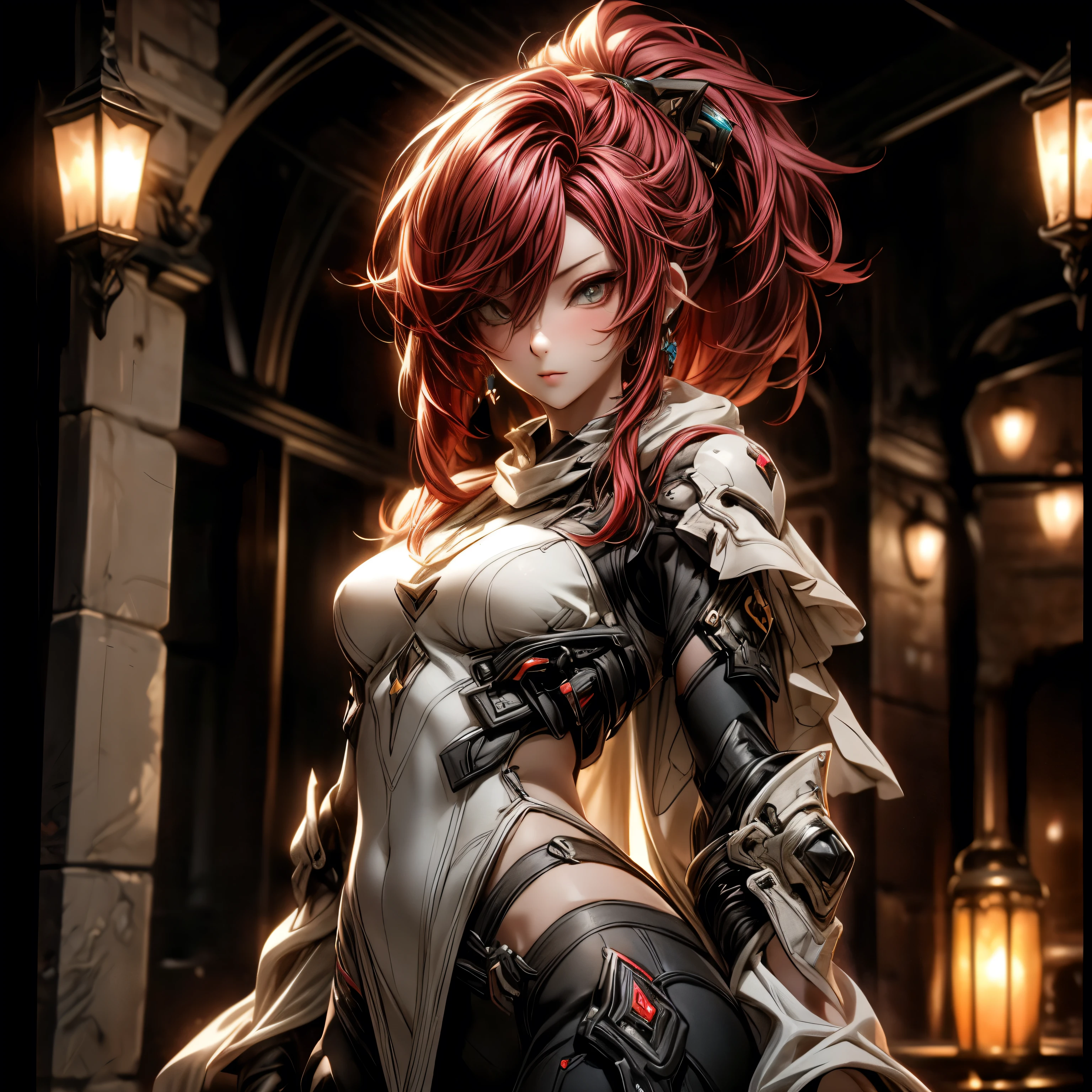 (best quality)), ((Masterpiece)), (details:1.4), 3d, HDR (high dynamic range), an image of a beautiful cyberpunk female, fantasy, Hips up, Red hair, High ponytail, beautiful white eyes, จมูกโด่ง, ปากแดง, หน้าอกใหญ่, nvidia RTX, PBR surface, After processing, Anisotropic filtration,depth of field, Maximum clarity and clarity, multi-layered surface, Subsurface scattering, perfect proportions, 8K raw files, ultra detailed, Perfect proportions, volumetric lighting, soft lighting, Holy Paladin, Armor, glossy skin, castle background, jewely, ต่างหู, นิ้วมือสมบูรณ์,