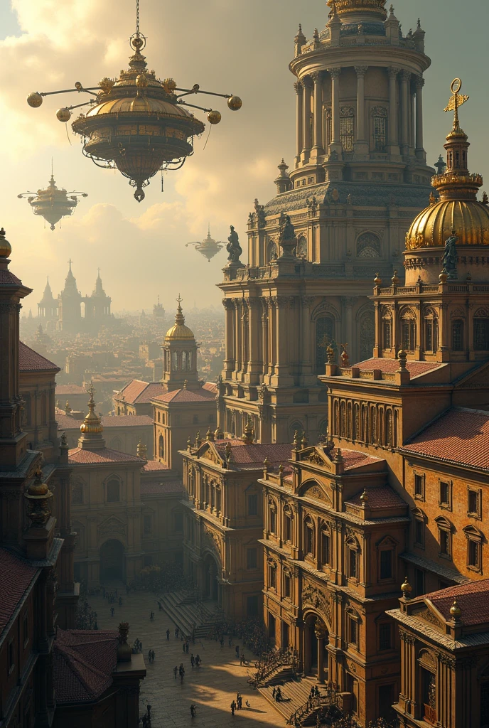 Imagine a Renaissance city reimagined with intricate steampunk elements. Classical sculptures and architecture are adorned with bronze gears, cogs, and steam-powered machinery, blending the elegance of Renaissance art with the industrial complexity of steampunk. Picture Leonardo da Vinci-inspired inventions brought to life, with flying machines hovering above the city and ornate clockwork details embedded into every structure. The scene should be a fusion of old-world charm and mechanical innovation, set against a backdrop of a smoky, golden-hued sky.