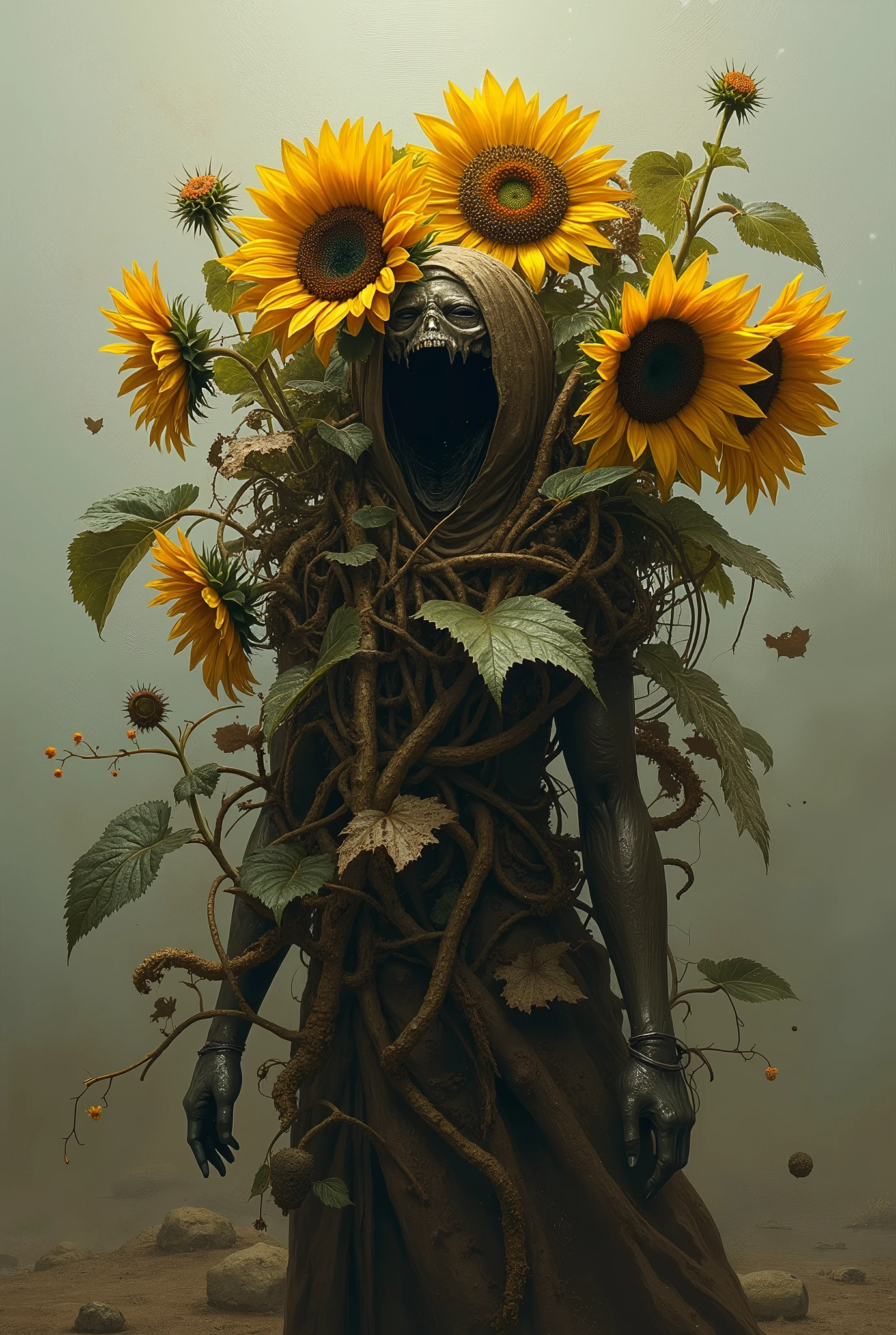 artistic inspiration of Peter Mohrbacher Rotten sunflowers,painting,Concept and design elements,Tangled leaves and sunflowers form a humanoid plant,confusion,chaos,