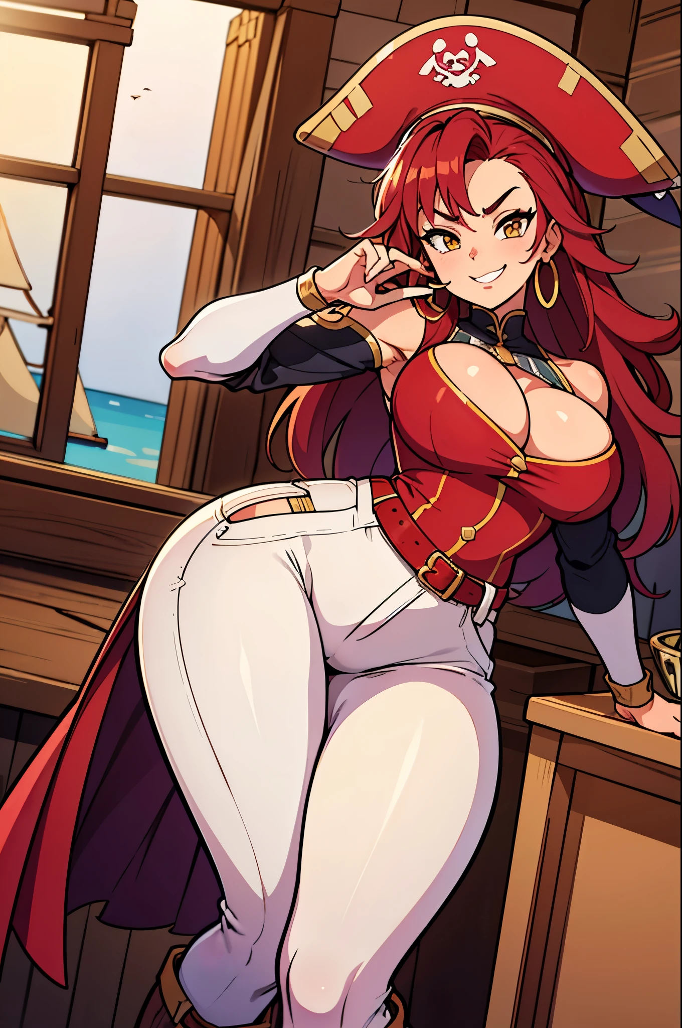 Female 17th century pirate, pirate captain, mid 30s woman, smirking, wavy shoulder length vivid red hair, red bandanna, large gold hoop earrings, puffy long sleeved white shirt, brown leather vest, belt, large square belt buckle, long brown pantaloons, worn leather boots, period dress, dirty clothes, holding a cutlass, dramatic pose, on deck aboard a pirate ship, caribbean island, painterly illustration, best quality, 8k, masterpiece, bright vivid colours, colourful, charley.atwell 