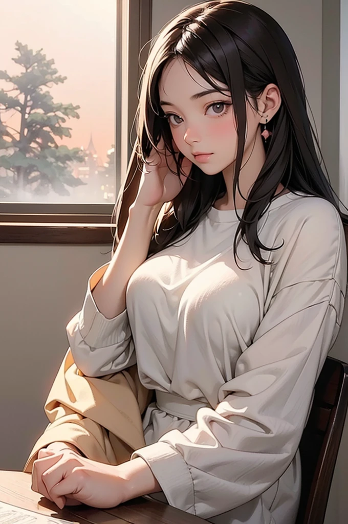 Create an anime-style illustration of a young woman with dark hair, sitting in a cozy room by the window at sunrise. She is wearing large headphones and looking out the window with a peaceful expression. The room is softly lit with a warm, pinkish glow, and there is a steaming cup of coffee on the table beside her. The scene should evoke a calm, introspective mood, with the focus on the peaceful morning atmosphere.