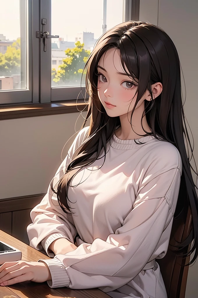 Create an anime-style illustration of a young woman with dark hair, sitting in a cozy room by the window at sunrise. She is wearing large headphones and looking out the window with a peaceful expression. The room is softly lit with a warm, pinkish glow, and there is a steaming cup of coffee on the table beside her. The scene should evoke a calm, introspective mood, with the focus on the peaceful morning atmosphere.