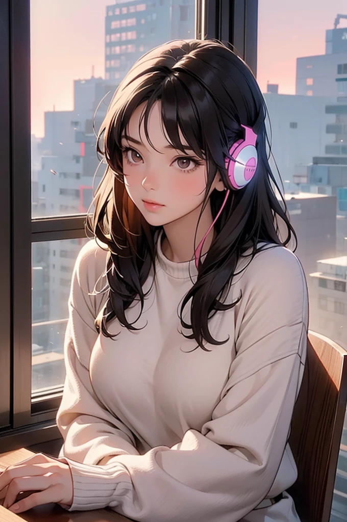 Girl with headphones enjoying music in a home I am studying Emphasize a little bit of the big chest Looking towards me with eyes closed Night Background