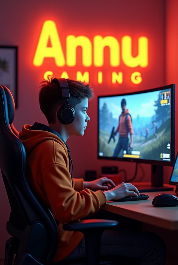 Create A 3D Realistic image of a Boy sitting in gaming room on gaming chair and playing on Free Fire application on his pc. The girl must wear dark orang hoodie headphones And his name "Annu Gaming" is Written on the wall with orange colour neon light.