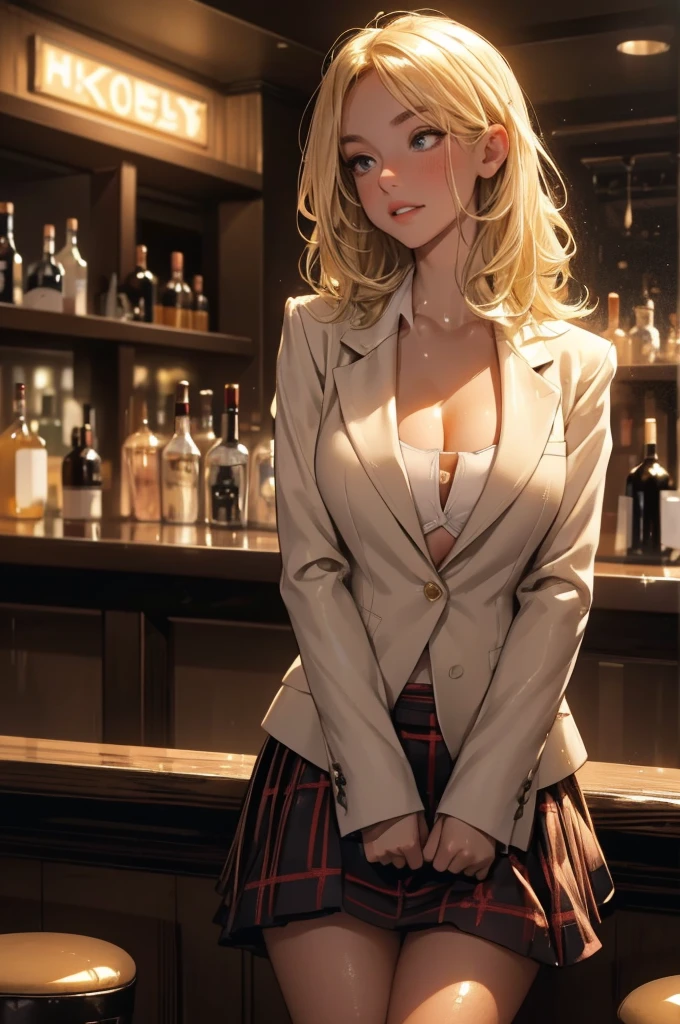 girl at a nightclub sitting at bar, eyeliner (masterpiece) (best quality) (detailed) (8k) (HDR) (wallpaper) (cinematic lighting) (sharp focus) (intricate) blonde hair, biting lip, medium hair, white and gold, sexy, blush, aroused, cleavage, shiny , wet skin, girl, dark makeup,  action pose, jumping over bar, white shirt blazer and plaid skirt

