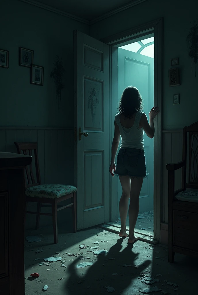 Emily pounded on the door, but it wouldn't budge. The room plunged into darkness as her flashlight died. The whispers grew louder and more frantic. She felt a cold hand brush her shoulder but saw no one
RUINED FURNITURE AND PEELING OF THE WALLPAPER SCARY, HORROR, INTENSE