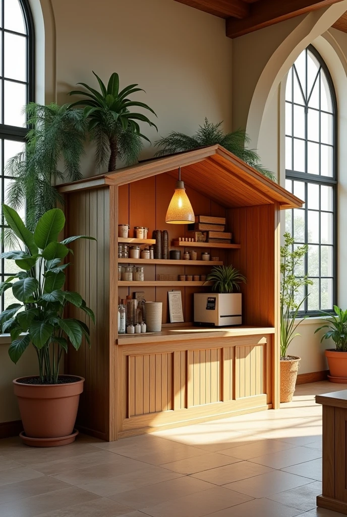 Make me a simple, one storey, cozy coffee station. ( This is to be placed inside our church) Put the presence of the palm leaf within the design.
Make it:
1st picture: the whole sketch of the structure
2nd picture: the floorplan
3rd picture: the furnitures to be used. Make it customized and related to a palm leaf.