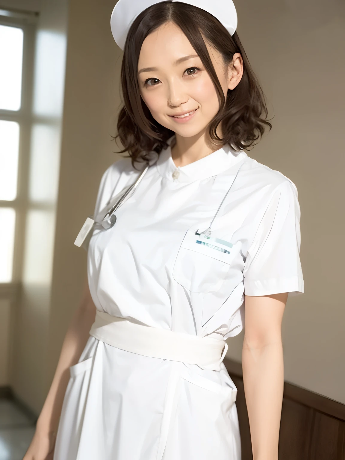 woman, alone, Iris, (Wearing white nurse clothes:1.2), Upstyle, nurse, Perfect Anatomy, nurse uniform, (Nurse cap), (White costume), Long skirt, hospital, Upper Body, smile、Close your mouth