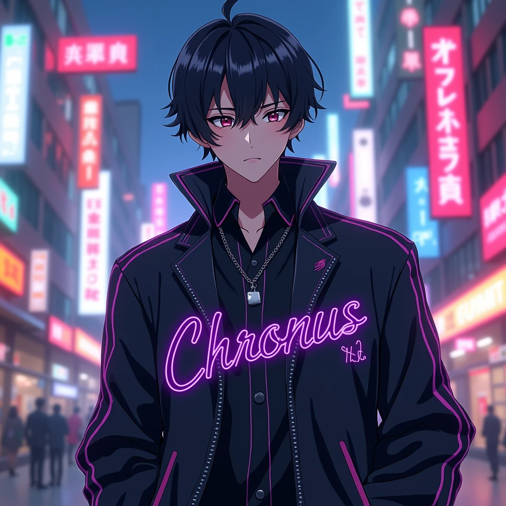 anime man is wearing aesthetic outfit with a purple text "chronus" on his clothes, in citylights background