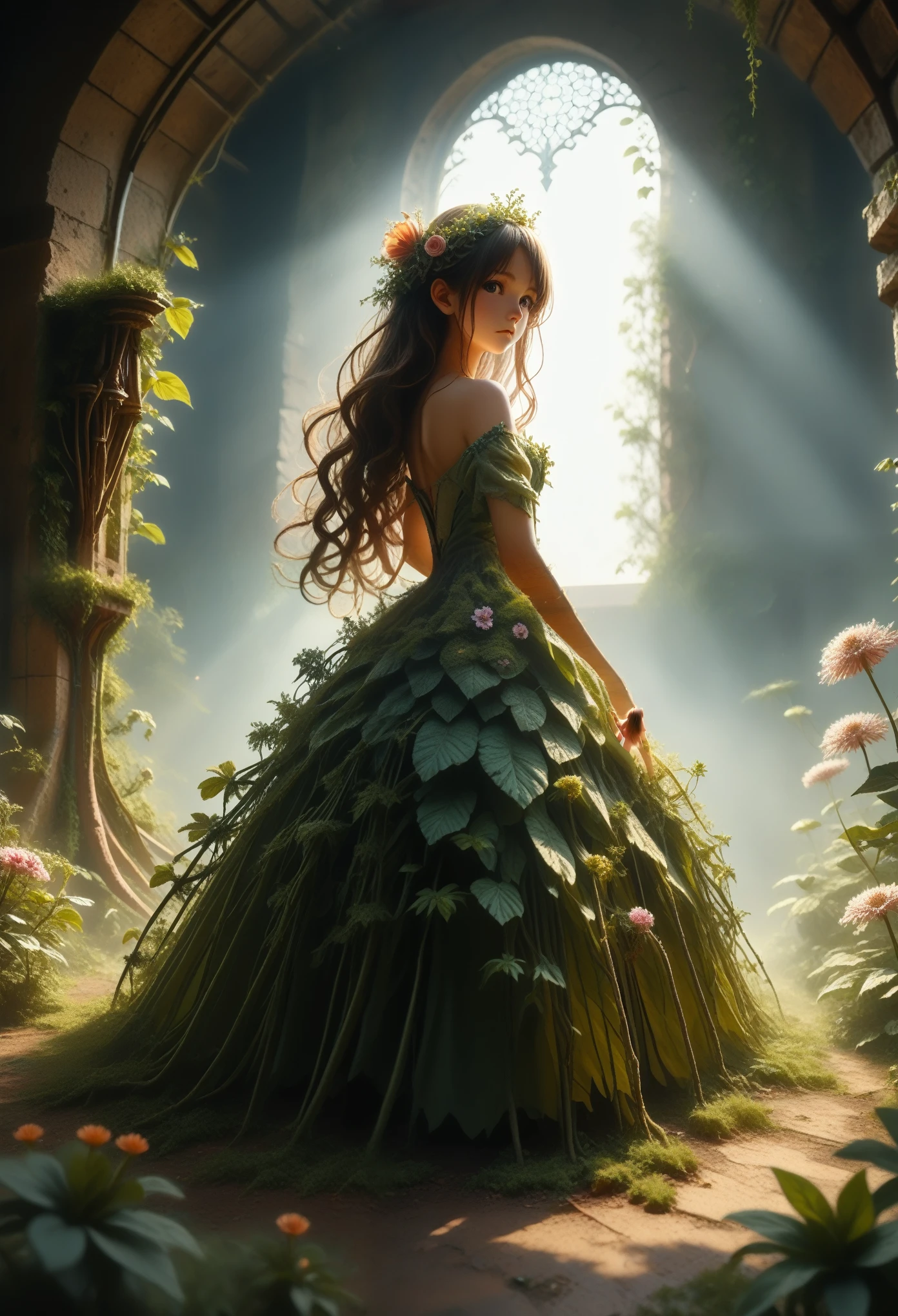  Anime Girl Looks at Viewer, sexy, fitting dress, sparkles, long hair, beautiful, Stands Pressed Against the Wall Near the House, Moss and mushrooms grow nearby, small flower beds, Vines around the house, masterpiece, clear detail, Full Picture Captivating Attention,cinematic film still,score_9,score_8_up,score_7_up,dramatic lighting,highly detailed,high budget,bokeh,cinemascope,moody,epic,gorgeous,film grain,grainy,masterpiece,best quality,perfect anatomy,very aesthetic,official art,8k,