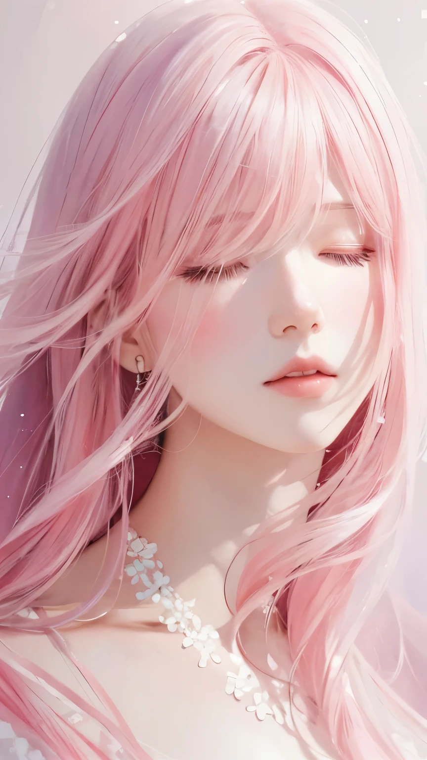 (High quality, 8K), (watercolor paiting, Soft light),Detailed face, Closed eyes, Close up portrait of woman with pink hair and white dress, inspired by Yanjun Cheng, soft anime illustration, ethereal beauty, Beautiful Anime Portrait, by Yanjun Cheng, Stunning anime face portrait, Bubble,beautiful hair