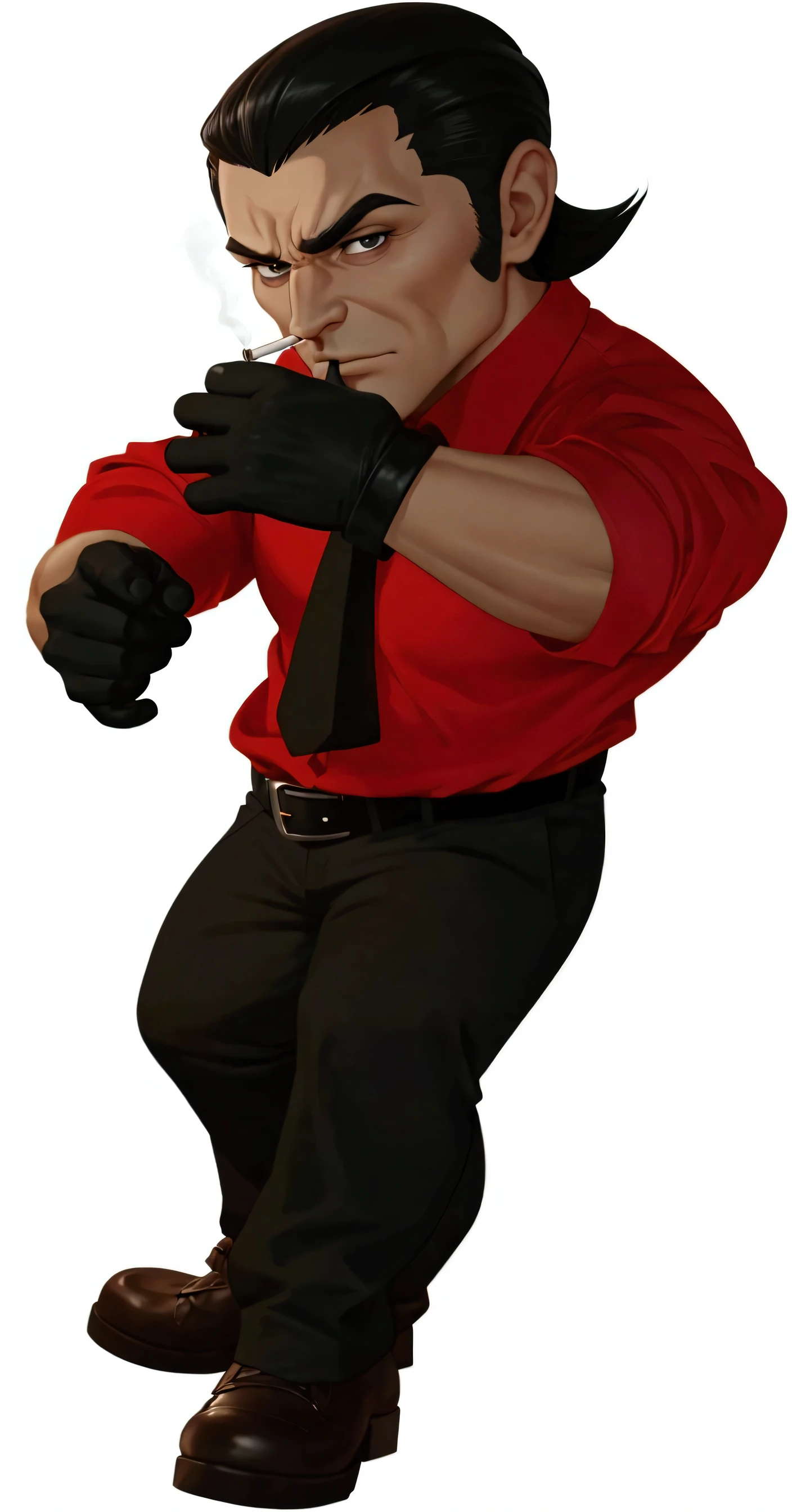 Close-up: a cartoon character holding a lighter and lighting a cigarette, holding a silver lighter in his right hand, a cigarette in his mouth, lighting a cigarette, serious expression, black medium-length hair, slicked-back hairstyle, wearing a red shirt, black tie, black trousers, a black belt around his waist, brown leather shoes, black gloves on both hands, realistic clothing wrinkles, realistic hair texture, cartoon rendering, cartoon character, cartoon rendering, UE5 rendering, 8K ultra-clear image quality