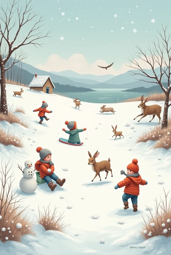 Picture of winter snow,breeze and animals and kids moving