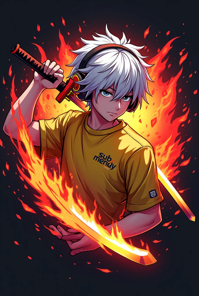 A anime and gaming mix logo male white hair wearing headphones holding a katana with red aura effect wearing a yellow esports shirt on the shirt there is the word "sub mendy" with flaming burning