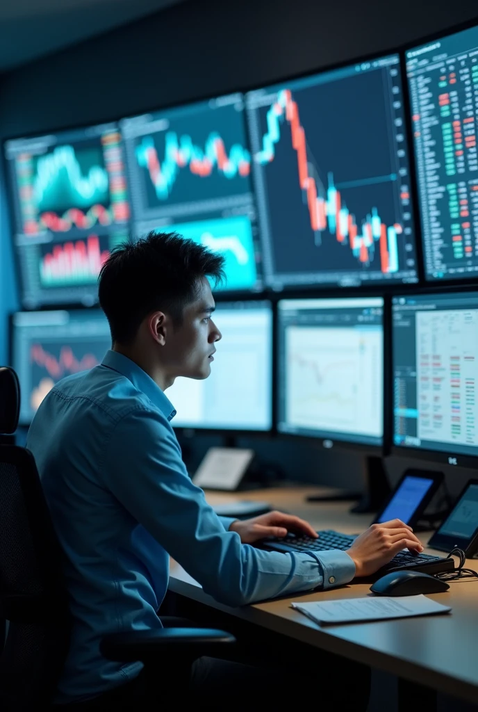 A young  man alone sitting on the trading desktop 