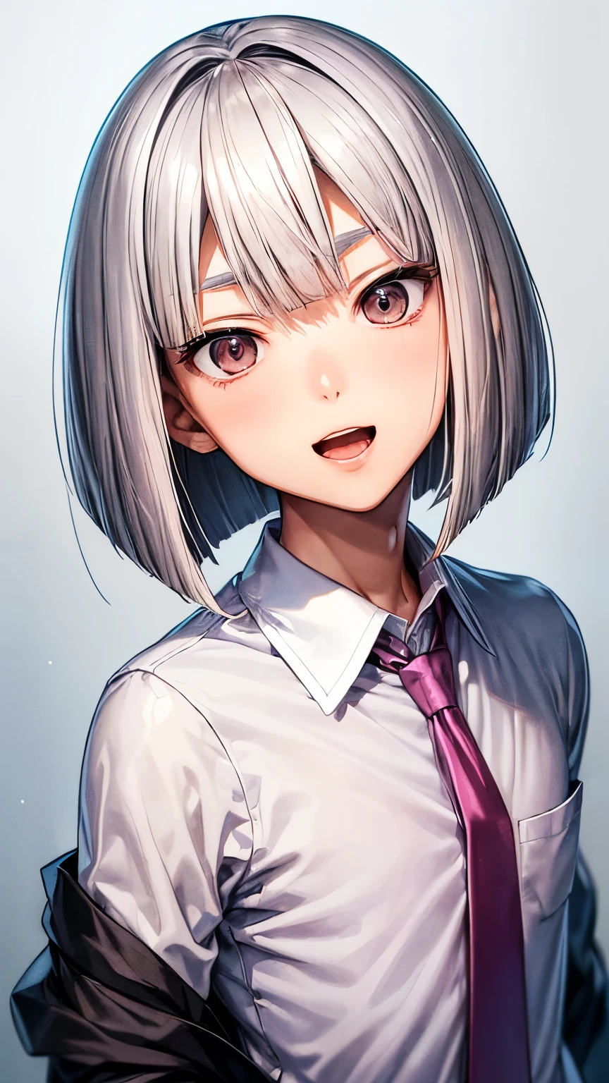 A  Japanese innocent and  mature boy (( boy’s body, slender)), gray extra very short hair(( voluminous  straight hair ))(( much straight bob forelock:1.3)),((summer school uniform for men’s )) ((no necktie)), sparkly pink big round droopy eyes, gentle and calm smile((open mouth)), cute face, gentle and  mature atmosphere, noble posing, (( face focus:1.4)),((best quality))