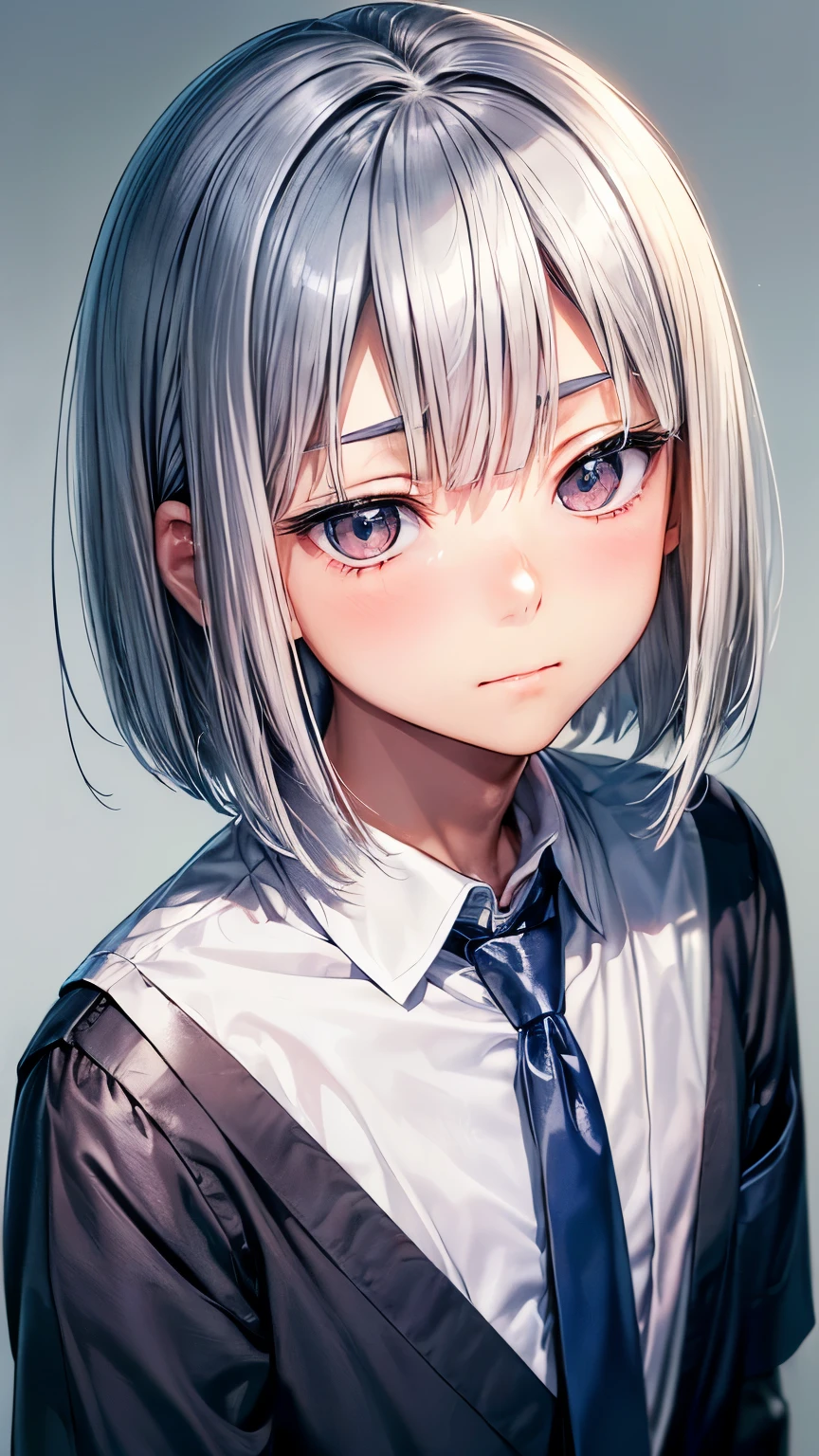 A Japanese innocent and frightened boy (( boy’s body, slender)), gray short hair(( voluminous straight hair ))(( much lob forelock:1.3)),((summer school uniform for men’s )) ((no necktie)), sparkly blue big round droopy eyes, blush, gentle and stiff smile((closed mouth)), cute face, gentle and anxious atmosphere, eyelashes , waiting posing, (( face focus:1.4)),((best quality))