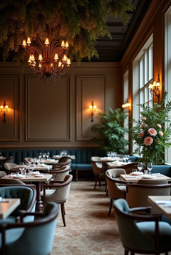 Restaurant in beige and blue tones, Photo, comfortable, dark atmosphere, Garlands, Upholstered armchairs, flowers, wide view