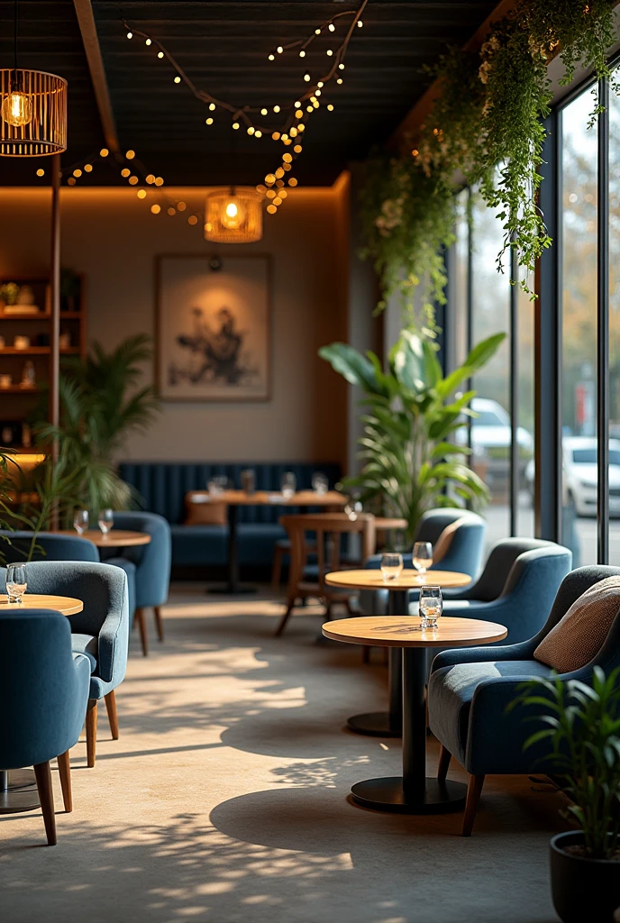 Restaurant in beige and blue tones, Photo, comfortable, dark atmosphere, Garlands, Upholstered armchairs, flowers, wide view