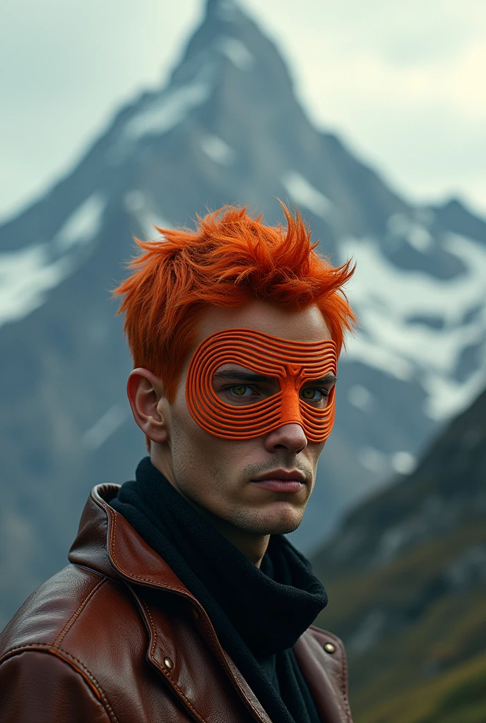 A man,side have short red hair,front side ,wearing a mask,mask start line to corner circling and right  eye  side hole stop lining ,wear a mask then one eye show one side eye wil cover mask ,mask colour orange  ,orange eyes ,stand on front of mountain , background sky , 