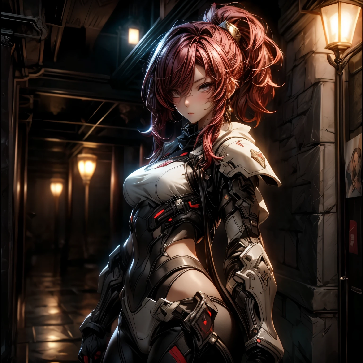 (best quality)), ((Masterpiece)), (details:1.4), 3d, HDR (high dynamic range), an image of a beautiful cyberpunk female, fantasy, Hips up, Red hair, High ponytail, beautiful white eyes, จมูกโด่ง, ปากแดง, หน้าอกใหญ่, nvidia RTX, PBR surface, After processing, Anisotropic filtration,depth of field, Maximum clarity and clarity, multi-layered surface, Subsurface scattering, perfect proportions, 8K raw files, ultra detailed, Perfect proportions, volumetric lighting, soft lighting, Holy Paladin, Black Armor, glossy skin, castle background, jewely, ต่างหู, นิ้วมือสมบูรณ์,