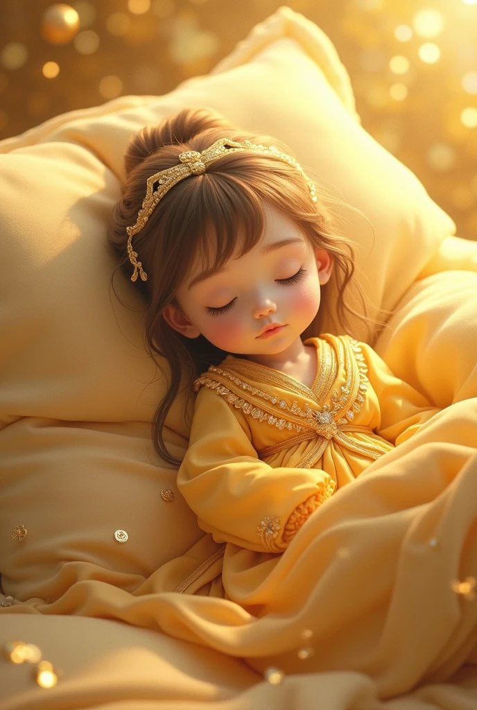 A girl in a golden clothing sleeping on gold chibi