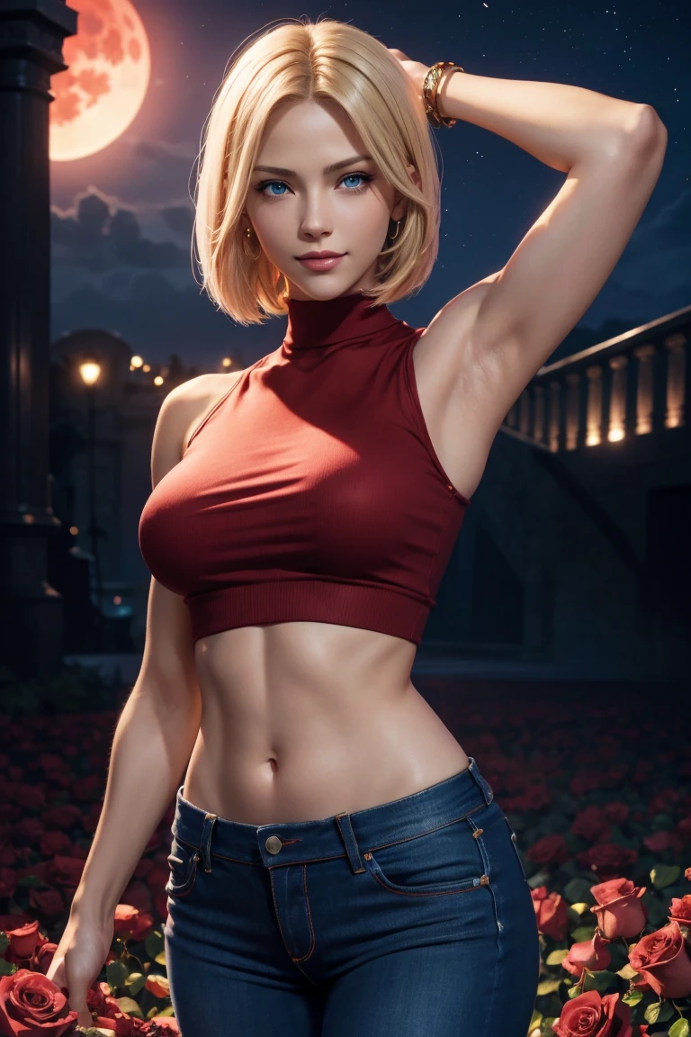 KOF,King of Fighters,Blue Mary,Blue Eyes,Blonde Hair,Medium Hair,Beautiful white skin,Photorealistic,Ultra HD,high quality,masterpiece,Digital SLR,Detailed details,Intricate details,Anatomical basis,Depicted in detail,A detailed face,Realistic skin texture,Vivid details,Perfect Anatomy,Perfect Anatomy,Anatomically correct hand,Anatomically correct fingers,Super Detail,Complex 3D rendering,Sexy pose,Red knit sleeveless top,jeans,Fantasy worldview,Beautiful red sea,Beautiful Red Moon,Beautiful night sky,Petals of roses dance,Picturesque,Pink Lips,smile,