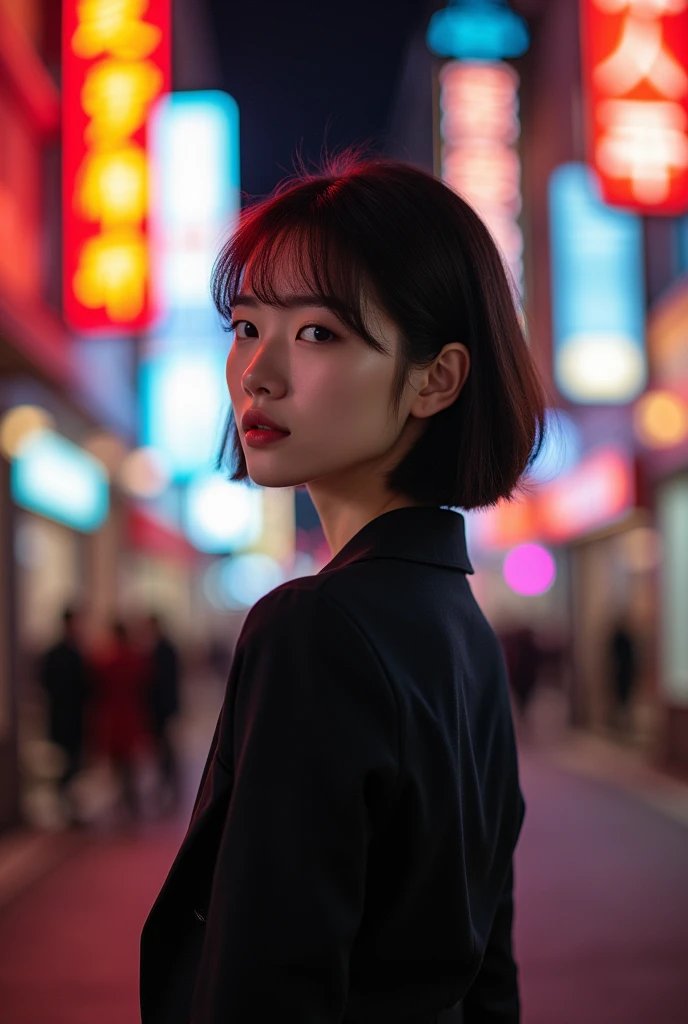 "Photo of a young Korean woman with short hair, seen from the back with her face not visible, on a nighttime street with neon signs, wearing a modest, elegant two-piece outfit with no exposure, conveying sophistication and beauty."