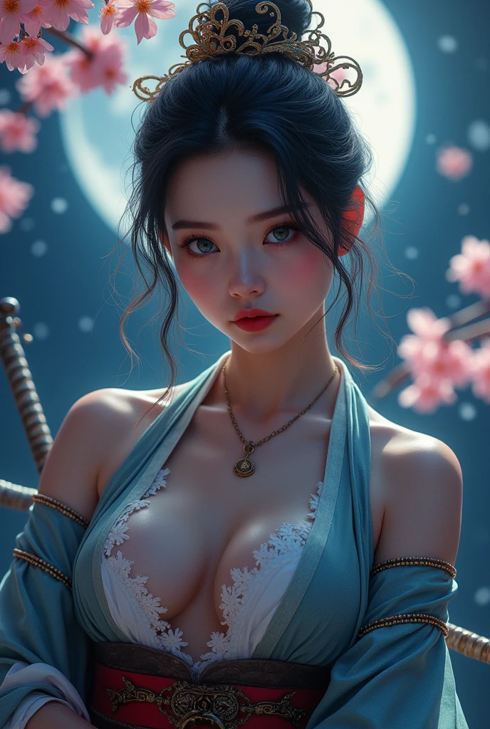 (nsfw:1.4), High resolution, RAWphotographgraphy, Highest quality, (Ultra-detailed, photorealistic, best quality, 4k,8k, highres, masterpiece:1.3), (photorealism:1.4), Cinematic, Color Grading, professional Photography, Depth of Field, hyper-detailed, beautifully color-coded, insane details, intricate details, beautifully color graded, (Photorealistic:1.5, 8k, Highest quality, masterpiece, Ultra-high resolution), Highly detailed skin and facial textures:1.3, Beautiful female samurai holding a Japanese sword:1.1, Very large breasts、sagging breasts, Cute and sexy beauty, Perfect Style, Fair skin, Very beautiful face, (Mid-chest, Chest gap), (Embarrassed smile, Her facial expression when she felt intense caressing, Facial expressions when feeling happy), (wear the sexy sengoku uniform:1.1, Off the shoulder), (Beautiful Blue Eyes, Beautiful erotic eyes:0.8), (Too erotic:0.9, Fascinating:0.9), Full Body Shot, Cherry Blossoms at Night, biting her lips, looking upwards