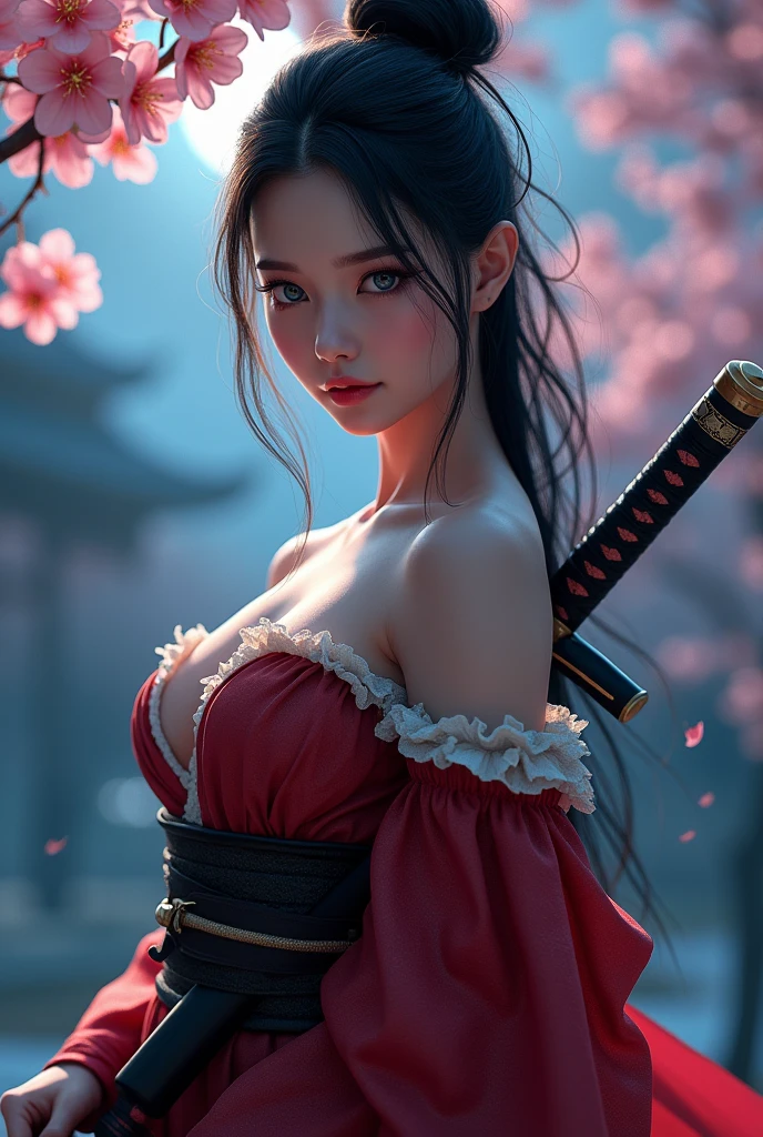 (nsfw:1.4), High resolution, RAWphotographgraphy, Highest quality, (Ultra-detailed, photorealistic, best quality, 4k,8k, highres, masterpiece:1.3), (photorealism:1.2), Cinematic, Color Grading, professional Photography, Depth of Field, hyper-detailed, beautifully color-coded, insane details, intricate details, beautifully color graded, (Photorealistic:1.5, 8k, Highest quality, masterpiece, Ultra-high resolution), sengoku, Secret:1.3, Highly detailed skin and facial textures:1.3, Beautiful female samurai holding a Japanese sword:1.1, Very large breasts、Cute and sexy beauty, Perfect Style, Fair skin, Very beautiful face, (Mid-chest, Chest gap), (Embarrassed smile, Her facial expression when she felt intense caressing, Facial expressions when feeling happy), (wear the sexy sengoku uniform:1.1, Off the shoulder), (Beautiful Blue Eyes, Beautiful erotic eyes:0.8), (Too erotic:0.9, Fascinating:0.9), Full Body Shot, Cherry Blossoms at Night