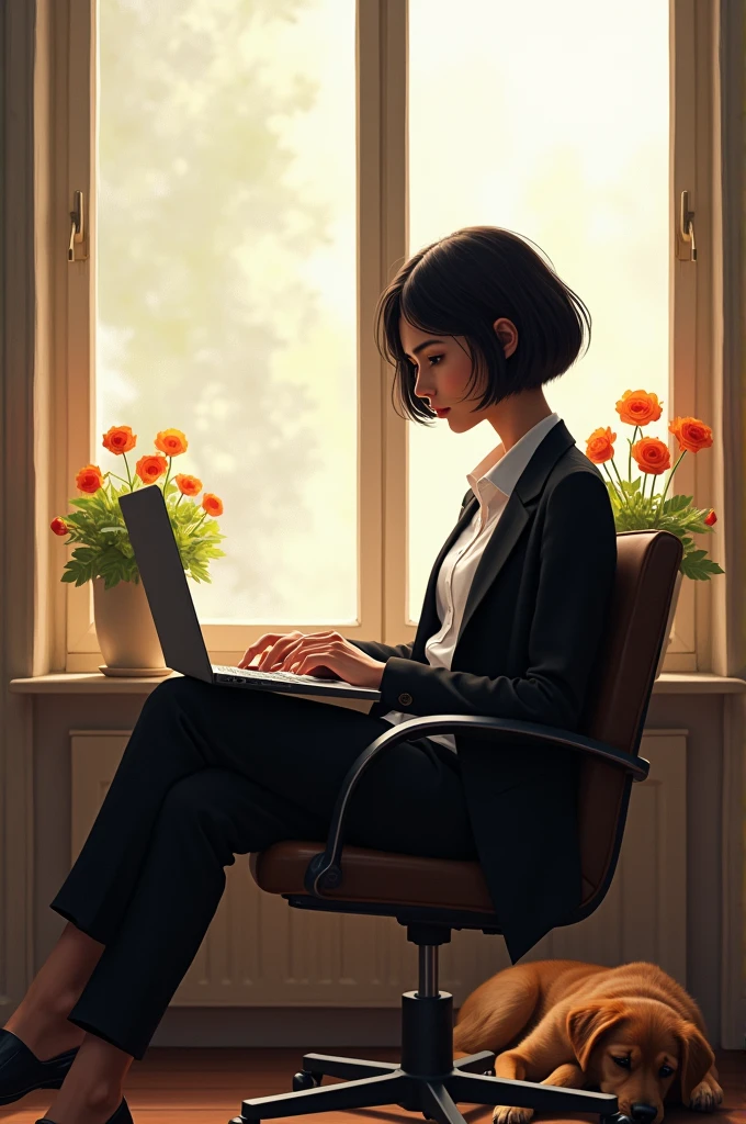 Pure nepali girl, sitting on revolving chair, wearing white shirt,black coat and pant, short black hair,infront of laptop, golden colour puppy near the girl,flowers on pot at both side ,near window
