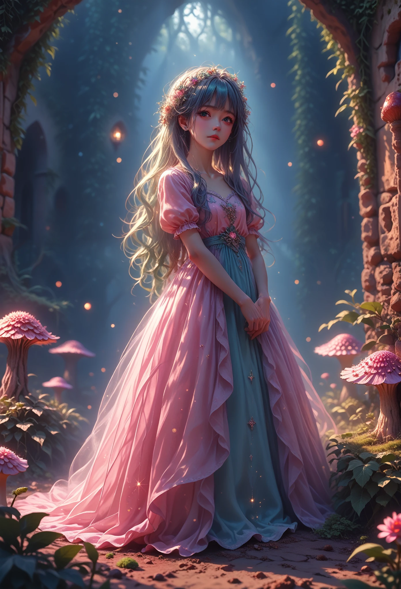 pfstyle,Anime Girl Looks at Viewer, sexy, fitting dress, sparkles, long hair, beautiful, Stands Pressed Against the Wall Near the House, Moss and mushrooms grow nearby, small flower beds, Vines around the house, masterpiece, clear detail, Full Picture Captivating Attention,cinematic film still,score_9,score_8_up,score_7_up,dramatic lighting,highly detailed,high budget,bokeh,cinemascope,moody,epic,gorgeous,film grain,grainy,masterpiece,best quality,perfect anatomy,very aesthetic,official art,8k,