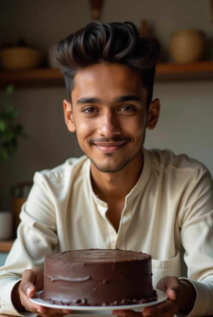 Bangladeshi Muslim boy 20 years old 
 who making chocolate cake , looking to the camera, without beard.
