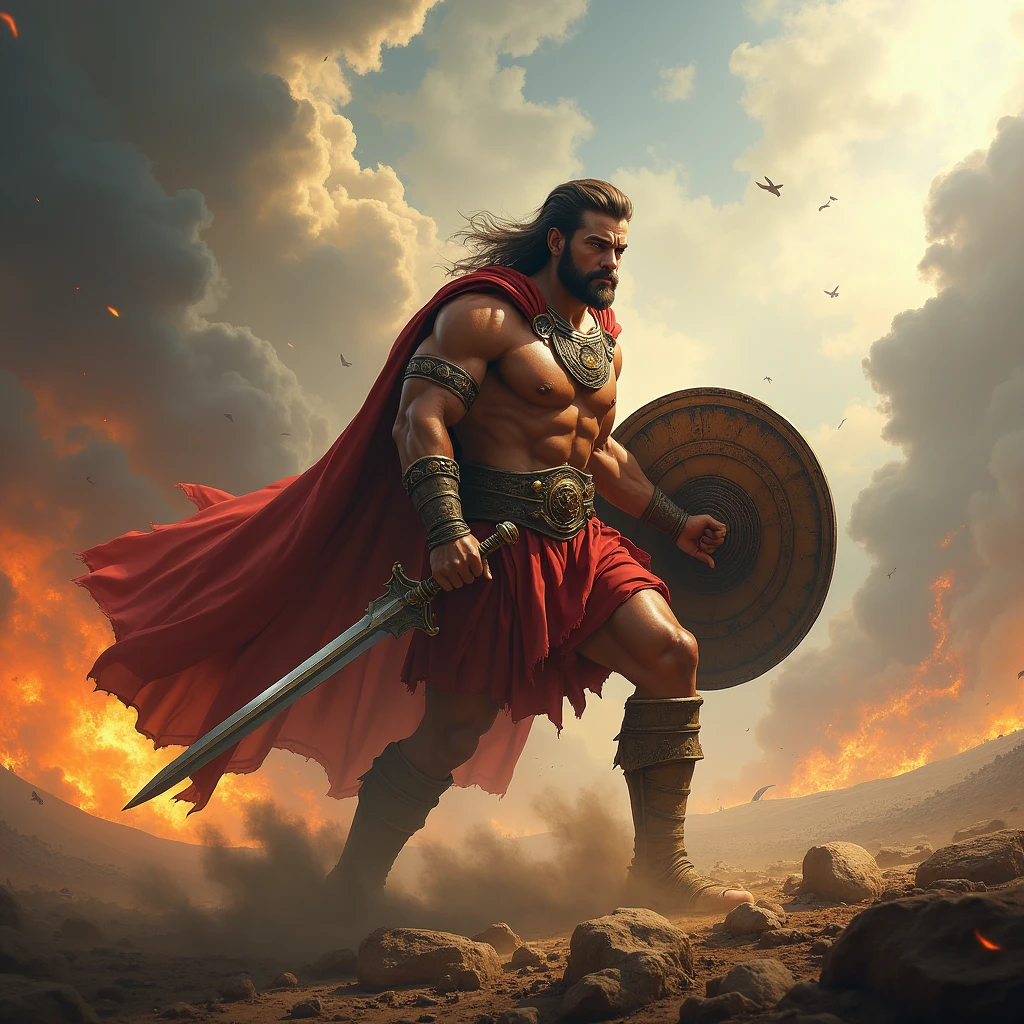 masterpiece、Highest quality、Highest quality、Detailed Description、Brave、art、Epic、One strong man、Greek Mythology、Based on the hero Hercules、An epic battle、With a sword and shield、battlefield、Sharp Eyes、4K Graphics