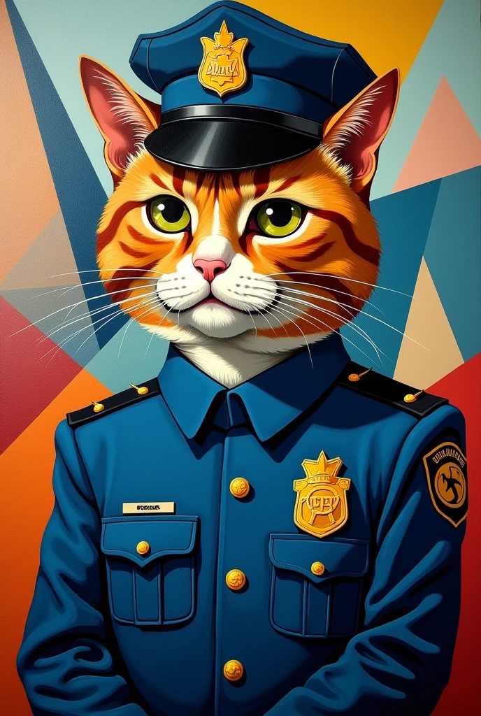Cubism painting about cat with police attire
