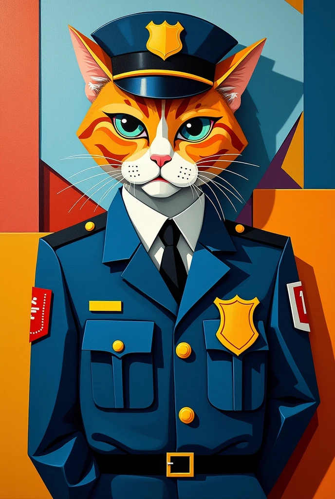 Cubism painting about cat with police attire 