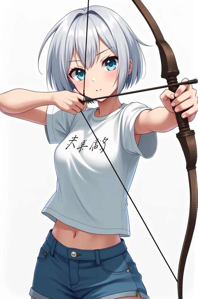 Anime Woman with short white hair, blue eyes using a bow, wearing a white t shirt with hiragana writings on it and blue shorts