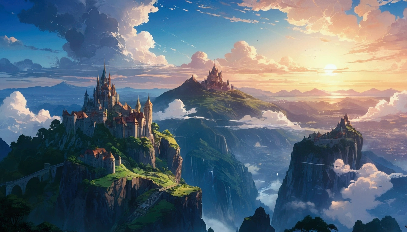 anime scenery of a mountain with a castle in the distance, ross tran. scenic background, detailed scenery —width 672, anime landscape, silvain sarrailh, anime landscape wallpaper, impressive fantasy landscape, most epic landscape, inspired by sylvain sarrailh, an epic landscape, by sylvain sarrailh, wlop and rhads, beautiful anime scenery