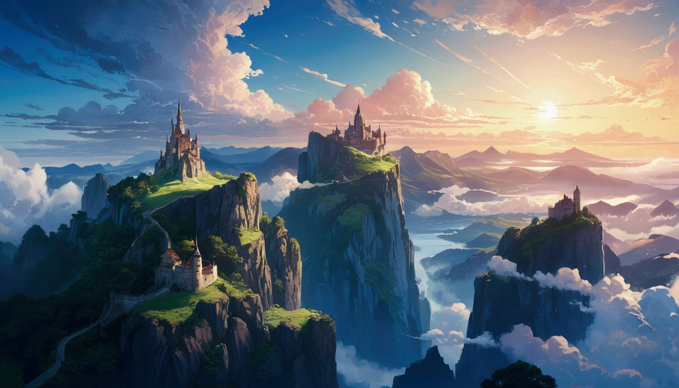 anime scenery of a mountain with a castle in the distance, ross tran. scenic background, detailed scenery —width 672, anime landscape, silvain sarrailh, anime landscape wallpaper, impressive fantasy landscape, most epic landscape, inspired by sylvain sarrailh, an epic landscape, by sylvain sarrailh, wlop and rhads, beautiful anime scenery