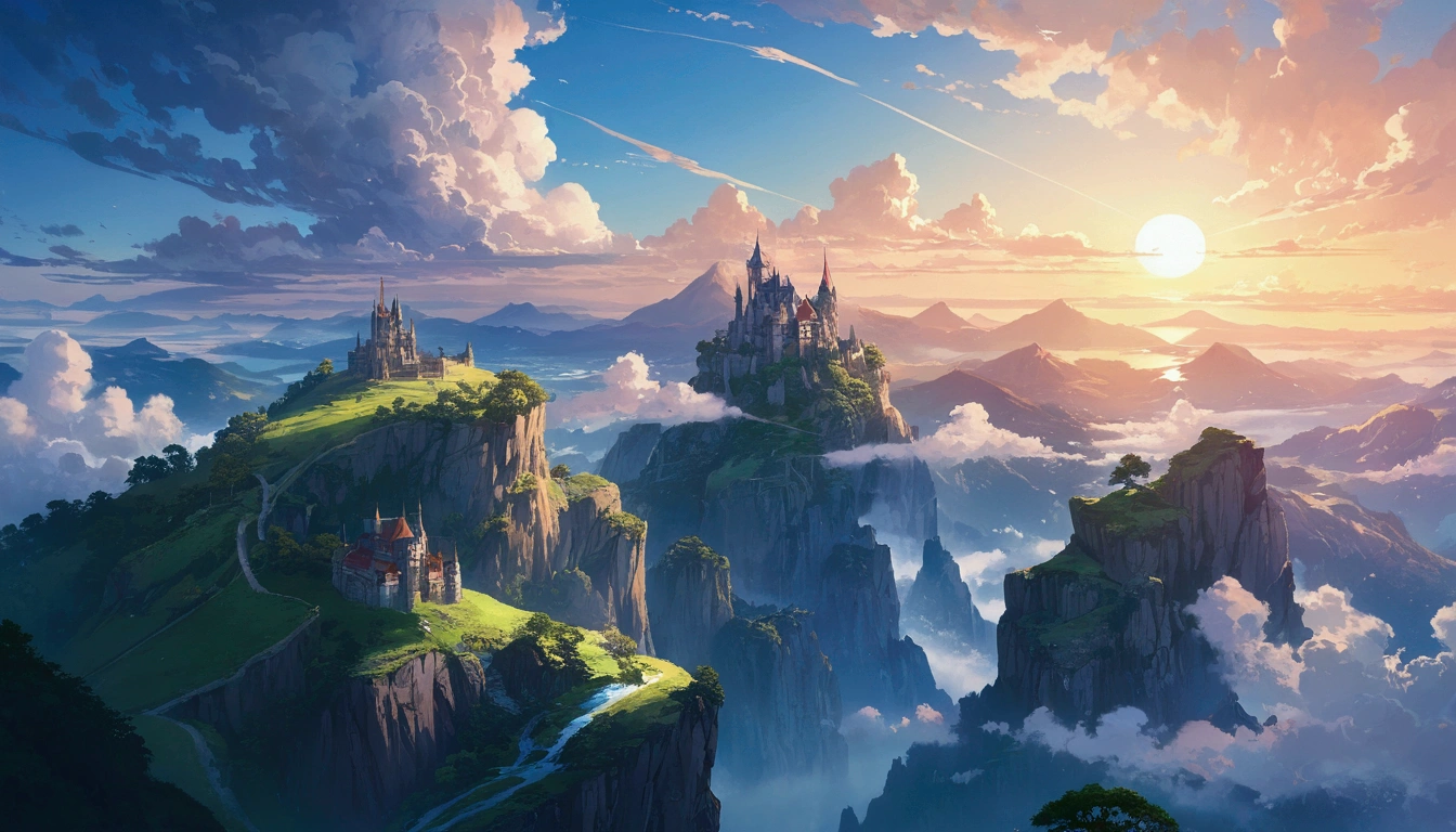 anime scenery of a mountain with a castle in the distance, ross tran. scenic background, detailed scenery —width 672, anime landscape, silvain sarrailh, anime landscape wallpaper, impressive fantasy landscape, most epic landscape, inspired by sylvain sarrailh, an epic landscape, by sylvain sarrailh, wlop and rhads, beautiful anime scenery